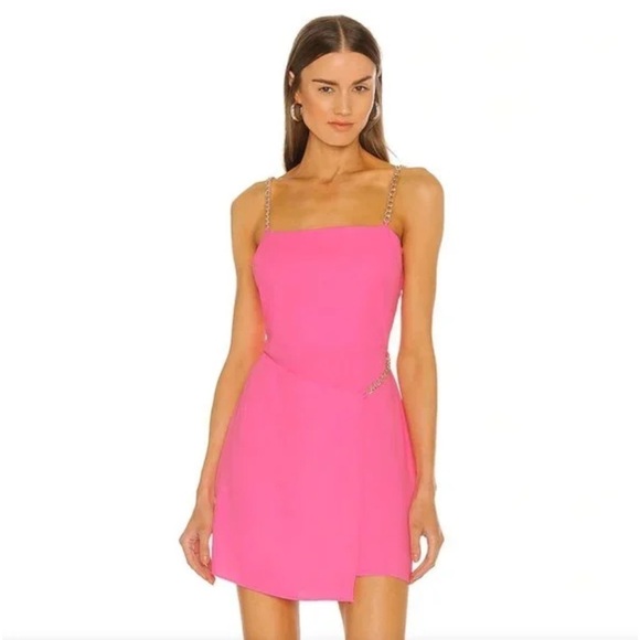 AMANDA UPRICHARD Stilla Mini Dress Shocking Pink Gold Chain Straps Drape Accent - Picture 3 of 5